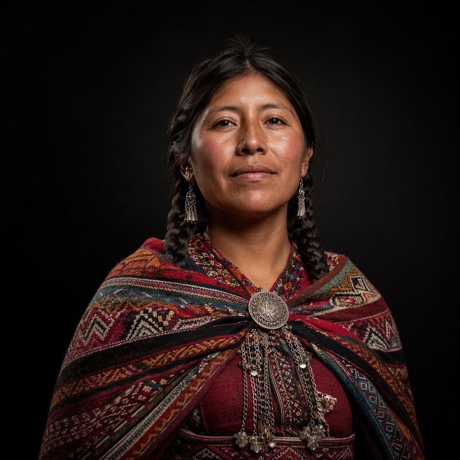 Portrait d’Amaru, voyante et guide spirituelle, vêtue d’un châle tissé traditionnel