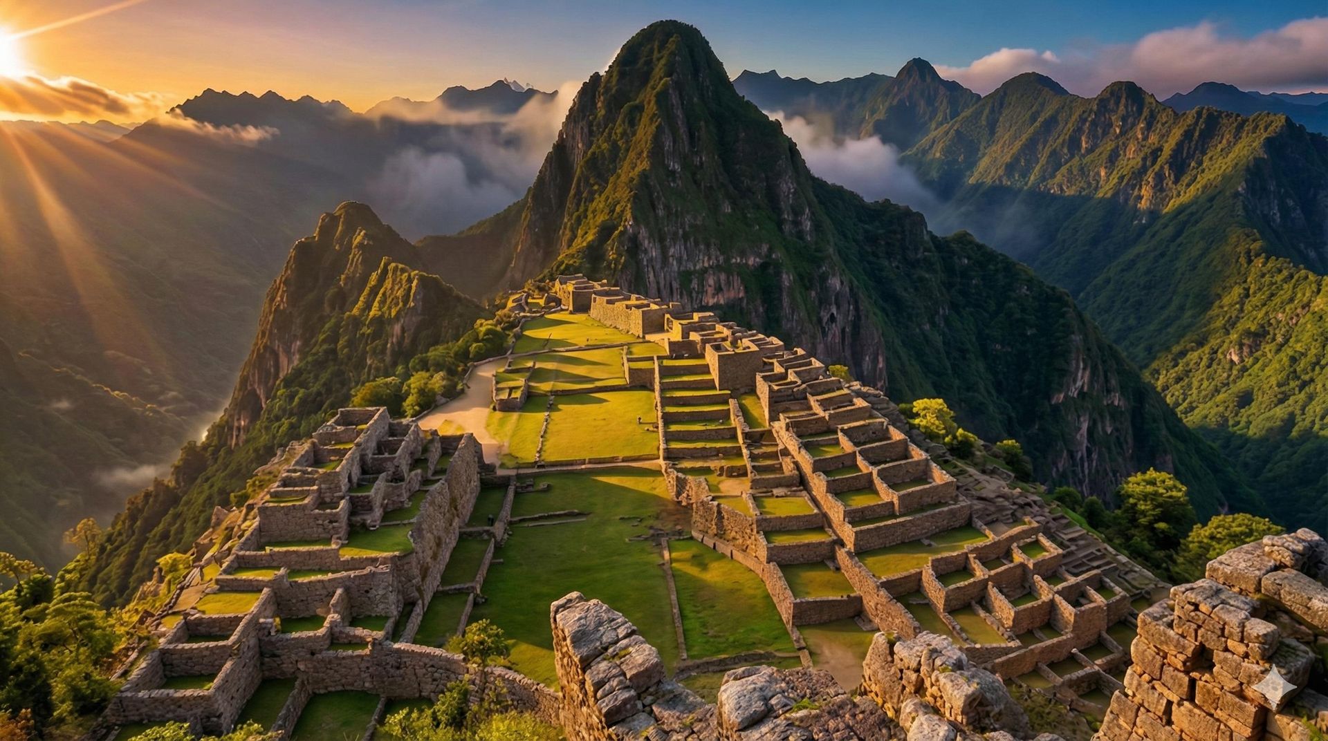 Le Machu Picchu au lever du soleil, entouré de montagnes et de brumes